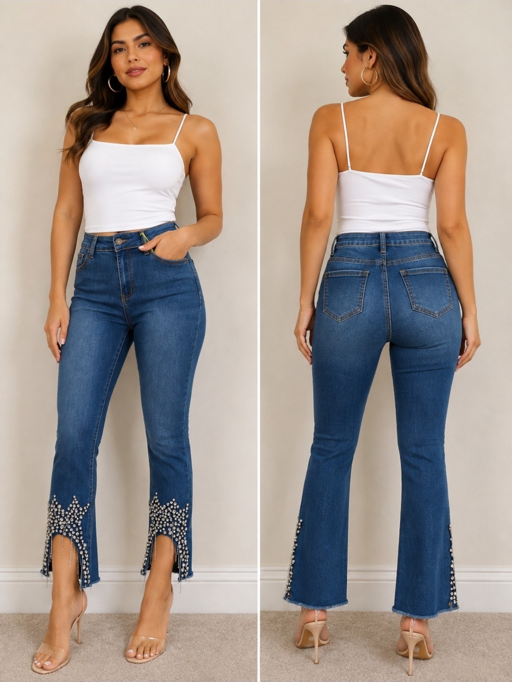 Embellished Hem High-Rise Blue Flare Jeans